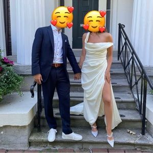 House of CB Delphine Draped Satin Off The Shoulder Ivory Wedding Gown